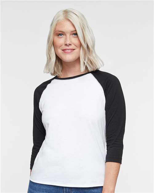 LAT Women's Baseball Fine Jersey Three-Quarter Sleeve Tee — White Solid/ Black — On model · front