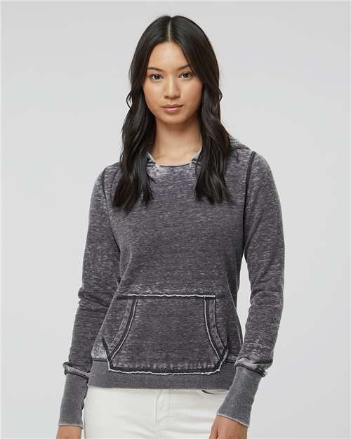 J. America Women's Zen Fleece Hooded Sweatshirt — Dark Smoke — On model · front