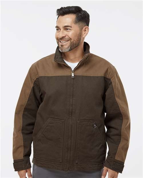 DRI DUCK Men's Tall Horizon Two-Tone Boulder Cloth™ Canvas Jacket — Tobacco/ Field Khaki — On model · front