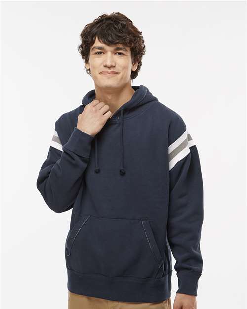 J. America Men's Vintage Athletic Hooded Sweatshirt — Vintage Navy — On model · front