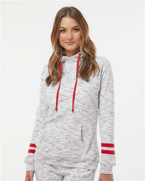 J. America Women’s Mélange Fleece Striped-Sleeve Hooded Sweatshirt — White/ Red — On model · front