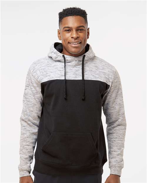 J. America Men's Mélange Fleece Colorblocked Hooded Sweatshirt — Black/ White — On model · front