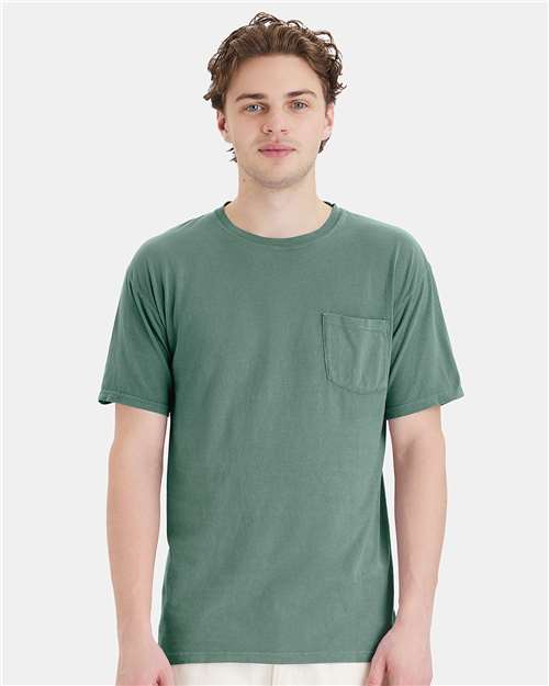 ComfortWash by Hanes Unisex Garment-Dyed Pocket T-Shirt — Cypress Green — On model · front