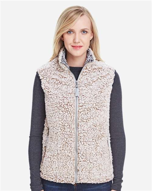 J. America Women’s Epic Sherpa Full-Zip Vest — Oatmeal Heather — On model · front