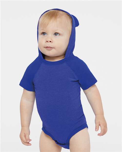 Rabbit Skins Infant Fine Jersey Raglan Bodysuit with Hood & Ears — Vintage Royal/ Royal — On model · front