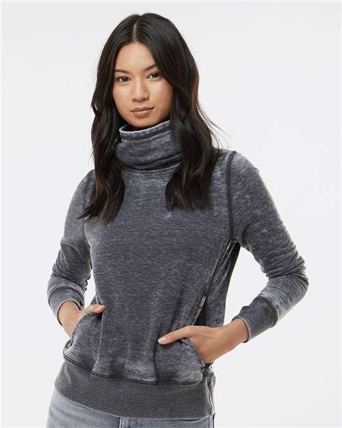 J. America Women’s Zen Fleece Cowl Neck Sweatshirt — Dark Smoke — On model · front
