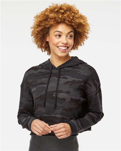 Independent Trading Co. Women’s Lightweight Crop Hooded Sweatshirt — Black Camo — On model · front