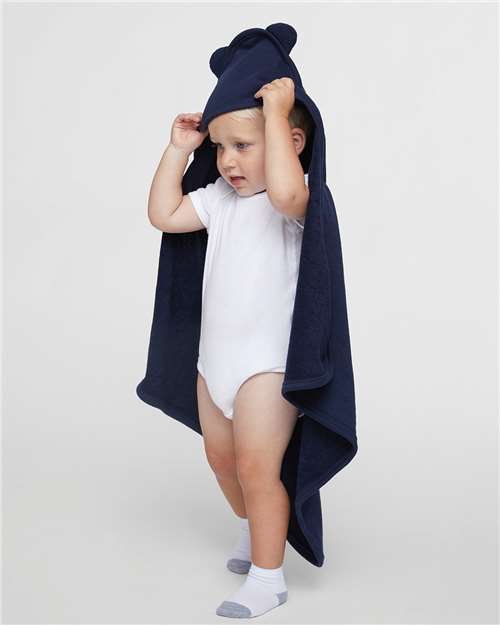 Rabbit Skins Terry Cloth Hooded Towel with Ears — Navy — On model · front