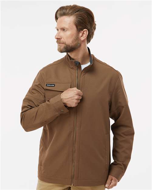 DRI DUCK Men's Ace Woven Stretch Soft Shell Jacket — Field Khaki — On model · front