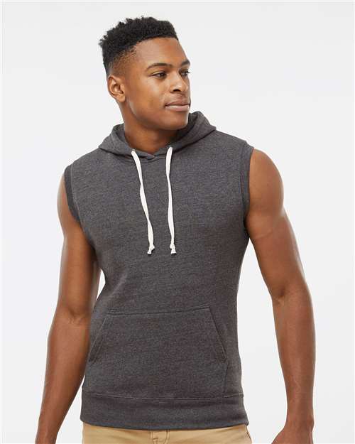 J. America Men's Triblend Sleeveless Hooded Sweatshirt — Black Triblend — On model · front