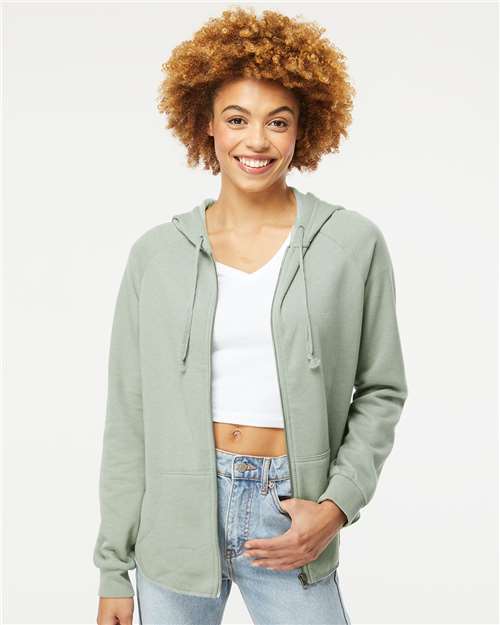 Independent Trading Co. Women's California Wave Wash Full-Zip Hooded Sweatshirt — Sage — On model · front