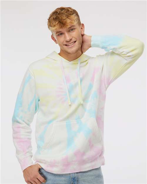 Independent Trading Co. Unisex Midweight Tie-Dyed Hooded Sweatshirt — Tie Dye Sunset Swirl — On model · front