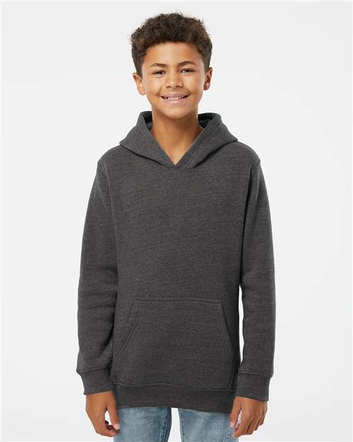 J. America Youth Triblend Fleece Hooded Sweatshirt — Black Triblend — On model · front